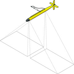 A side scan sonar tow fish. With dashed lines showing sonar coverage.