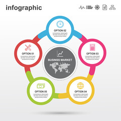 Business infographic template design with 5 options.