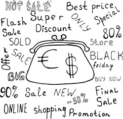 Vector illustration of a wallet with peeking money with space for text in the Doodle style. Words on the topic of sales, trade, purchases, sales. Can be used for fabric, textiles, paper, Wallpaper