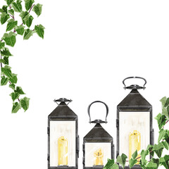 ランタンとつる草のフレームイラスト