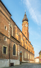 View at the Basilica of St.Jakob from the street in Straubing, Germany