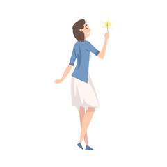 Young Woman Holding Burning Sparkler, Girl Celebrating Holidays Cartoon Style Vector Illustration