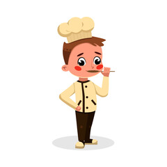 Fototapeta premium Boy Professional Chef Character Trying Food with Spoon, Cute Kid in Uniform and Hat Cooking Tasty Dish Cartoon Style Vector Illustration