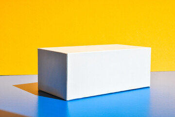 White box. Drugs box mock-up. Mockup. Copy space. Yellow and blue creative minimalism isometric...