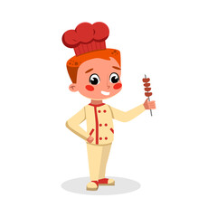 Boy Professional Chef Character with Kebab Skewer, Cute Kid in Uniform and Hat Cooking Tasty Dish Cartoon Style Vector Illustration