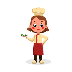 Girl Professional Chef Character Holding Plate with Broccoli, Cute Kid in Uniform and Hat Cooking Tasty Dish Cartoon Style Vector Illustration