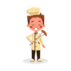 Boy Professional Chef Character Holding Sausage on Fork, Cute Kid in Uniform and Hat Cooking Tasty Dish Cartoon Style Vector Illustration