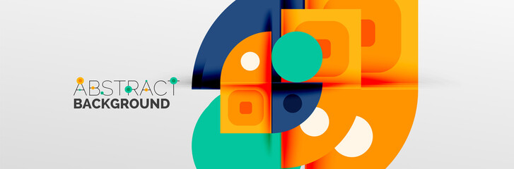 Bright color circles, abstract round shapes and triangles composition with shadow effects. Vector modern geometric design template