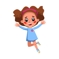 Beautiful Happy Girl in Light Blue Dress Happily Jumping, Cute Preschool Kid Having Fun, Celebrating Holiday Cartoon Style Vector Illustration