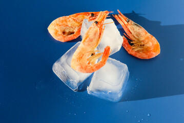 Frozen shrimp on ice on a blue background.