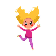 Beautiful Blonde Gir Happily Jumping, Cute Preschool Kid Having Fun, Celebrating Holiday Cartoon Style Vector Illustration