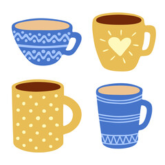 Set of mugs with coffee. Hot drink cups. Hand drawn cute drawing in the style of hygge. Vector illustration.