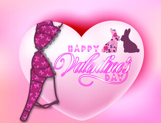 Vector Valentine's day card: pink heart and brassiere upon it with lettering and two kissing bunnies