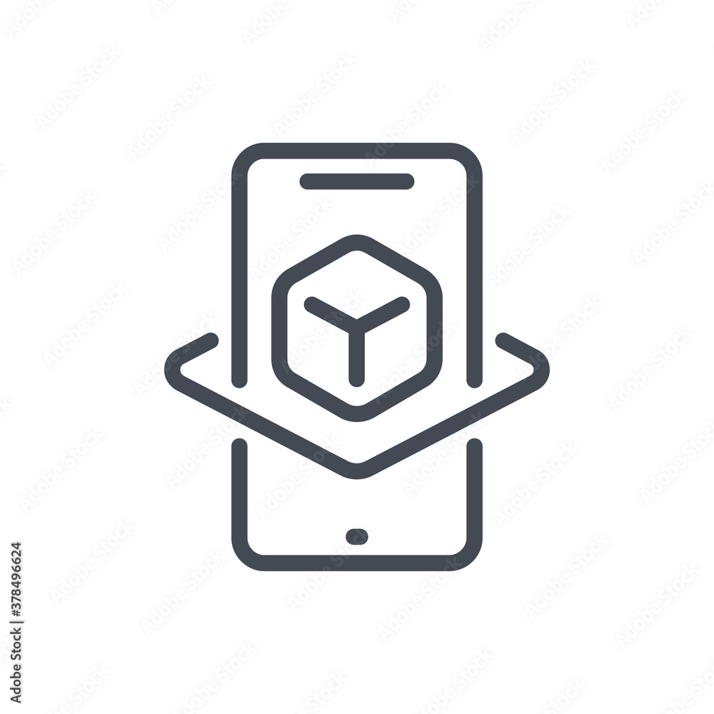 Poster augmented reality line icon. mobile phone with cube projection vector outline sign.