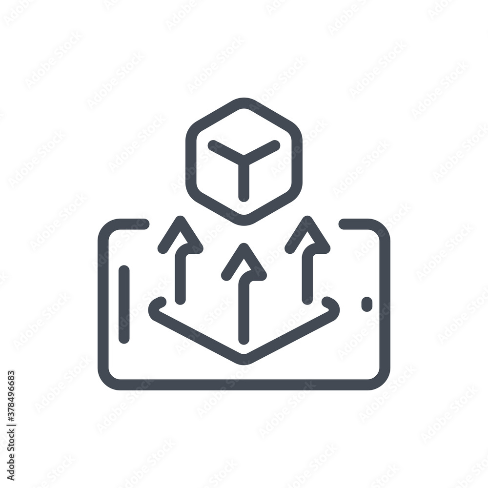 Poster augmented reality line icon. mobile phone with cube simulation vector outline sign.
