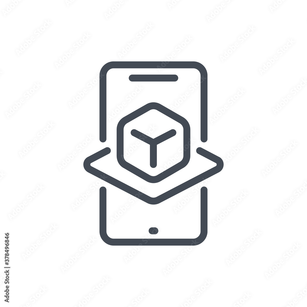 Poster augmented reality line icon. mobile phone with cube projection vector outline sign.