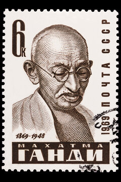 a postage stamp printed in the USSR shows "Mahatma Gandhi (1869-1948)", circa 1969, close-up, isolated
