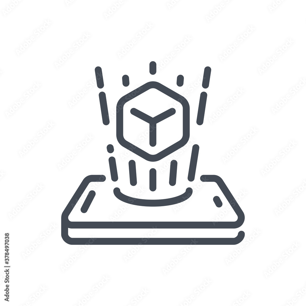 Poster augmented reality line icon. mobile phone with cube projection vector outline sign.