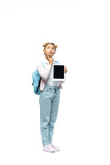 Thoughtful schoolchild holding digital tablet on white background