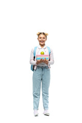 Schoolgirl in eyeglasses holding books and apple on white background
