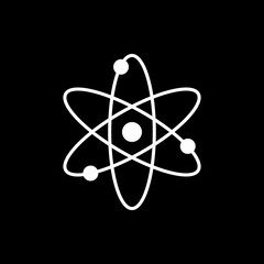 Atom icon isolated on black background. Symbol of science, education, nuclear physics, scientific research. Electrons and protonssign