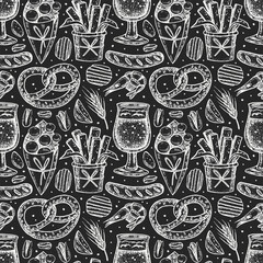 Oktoberfest seamless pattern, texture. Alcohol, glass of beer, snacks, fast food, german sausage, chips, fried potato, meat, bread, peanuts, pretzel. Bar, pub menu design. Chalk board design.