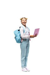 Excited kid with backpack holding laptop on white background