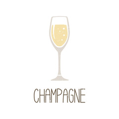 Cute caption glass of champagne isolated on transparent background. Cozy pictogram original design. Vector hand drawn illustration