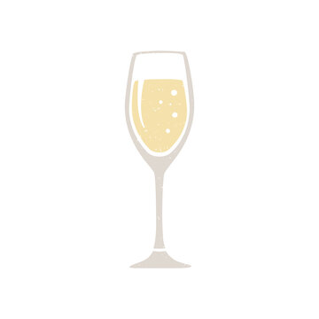 Cute glass of champagne or white wine isolated on transparent background. Cozy pictogram original design. Vector hand drawn illustration