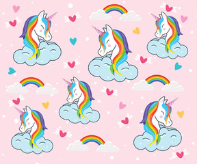 Seamless pattern of cartoon unicorn with clouds and rainbow
