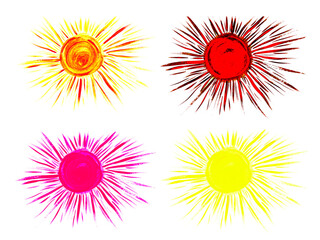 Sun icon collection. Multicolored flat icons, drawn closeup silhouettes isolated on white. Artistic logo design
