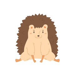 Portrait of smiling lovely hedgehog vector flat illustration. Joyful childish forest animal sitting isolated on white background. Happy cute character with needles relaxing having positive emotion