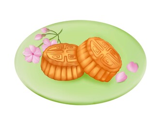 Two Chinese Moon Cakes put on a light green plate that has decorated With bloodsuckers with pink flower.