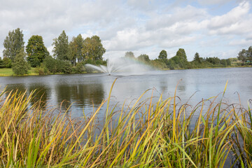 Fototapeta na wymiar City Smiltene, Latvia.Fountain in the lake and around tree.