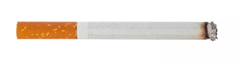 Lit cigarette isolated on white background close up
