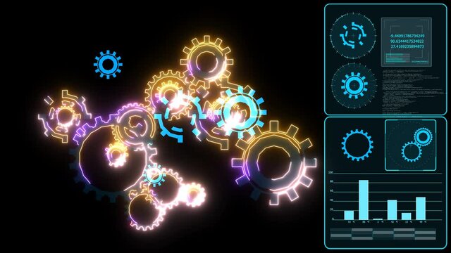 Futuristic digital thermodynamic gear technology graphic infinity powerful energy and model gear motion and analysis graph monitor on right frame