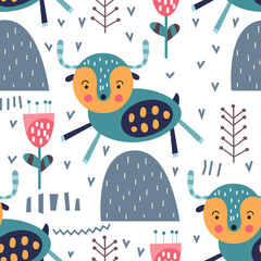 Colorful seamless pattern with cute animals - magic ox in forest. Vector. Kids illustration for nursery. Perfect for baby clothes, greeting card, wrapping. Pattern is cut, no clipping mask.