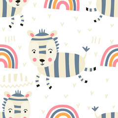 Seamless pattern with cute jungle animals - funny zebra and rainbow. Vector. Kids illustration for nursery. Perfect for baby clothes, greeting card, wrapping. Pattern is cut, no clipping mask.