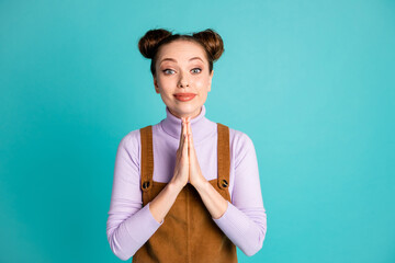 Photo of lovely shiny lipstick two buns hairstyle lady apologize begging forgiveness palms folded...
