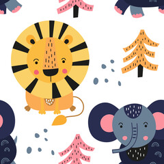 Colorful forest seamless pattern with cute jungle animals - lion, elephant. Vector. Kids illustration for nursery. Perfect for baby clothes, greeting card, wrapping. Pattern is cut, no clipping mask.