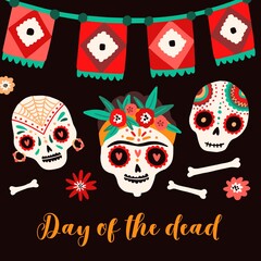 Day of dead Mexican holiday card vector flat illustration. Sugar skulls decorated by festive flowers, ornament with flag garland for Dia de los Muertos. Traditional carnival postcard template