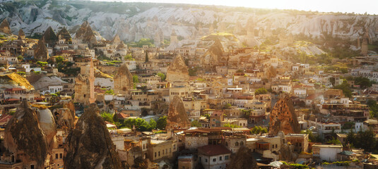 Panoramic view of ancient Turkish city of Goreme in Cappadocia.
