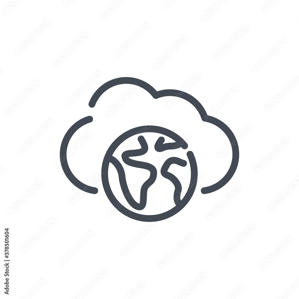 Poster cloud service network connection line icon. globe with cloud vector outline sign.