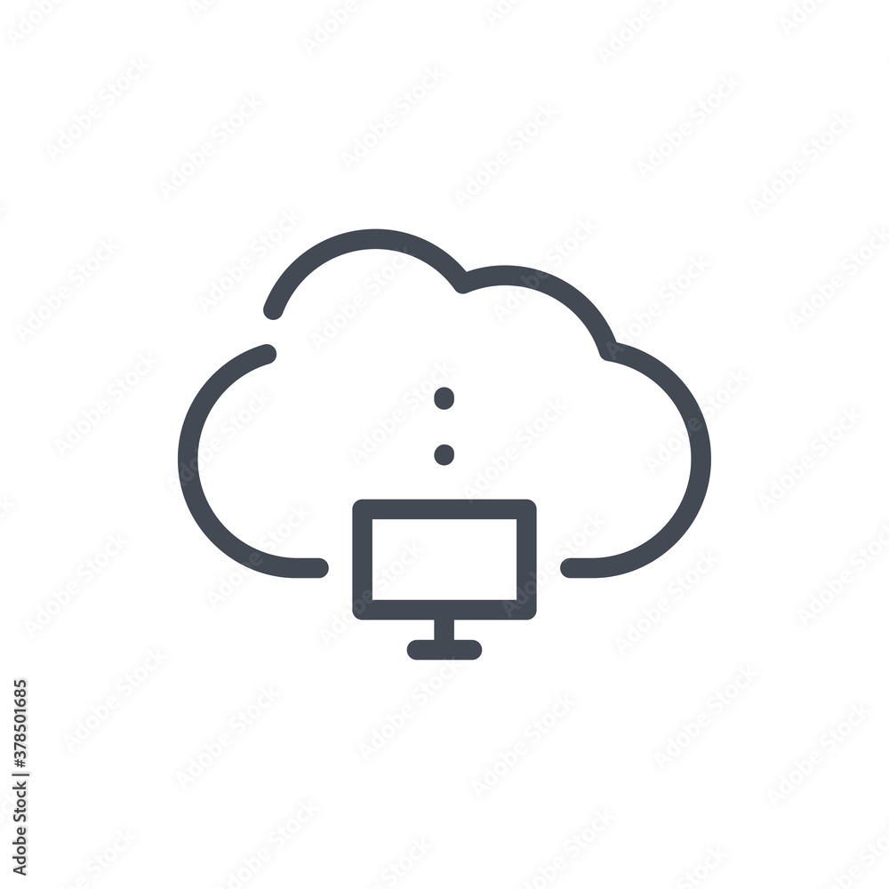 Poster computer connection to cloud service line icon. pc connect to cloud server vector outline sign.