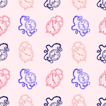 Seamless pattern with cute hand drawn clocks. Vector