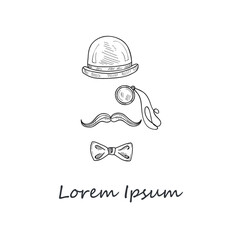 Composition with hand drawn  silhouette of bowler, mustaches, monocle and a bow tie. Vector illustration.