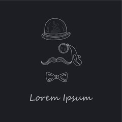 Composition with hand drawn  silhouette of bowler, mustaches, monocle and a bow tie. Vector illustration.