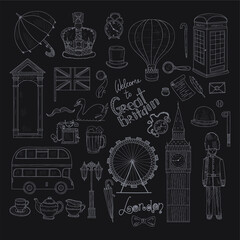  Welcome to Great Britain hand drawn icons including, crown, teapot, bus and others. Doodle vector United Kingdom related collection
