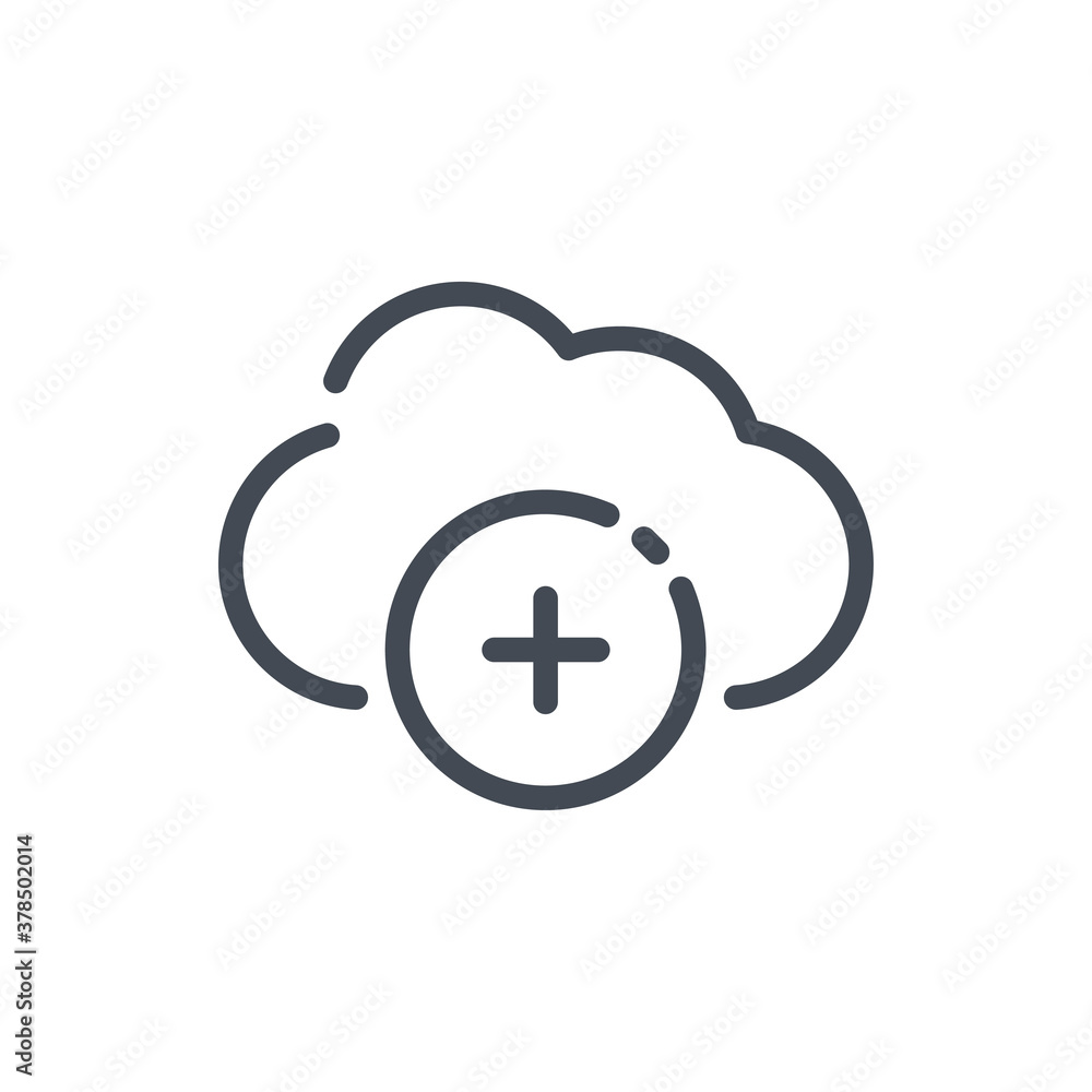 Poster add to cloud service line icon. plus with cloud vector outline sign.