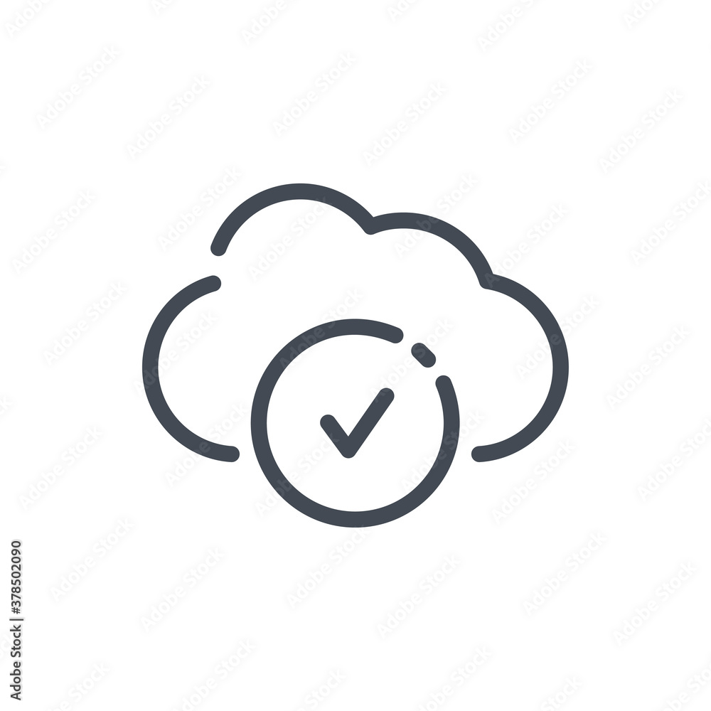 Poster cloud service with check mark line icon. cloud server with tick vector outline sign.